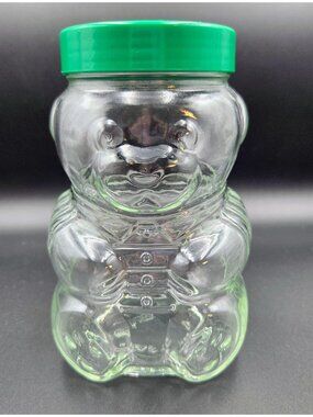 Vintage Kraft Peanut Butter Jar Glass Green Plastic Lid Piggy Bank 6" Clear Read